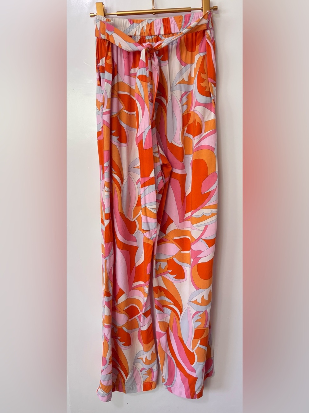 JL| Wide Leg Tie-Waist Lightweight Pants in Orange & Pink Retro 70s Print Sz M - Picture 5 of 8